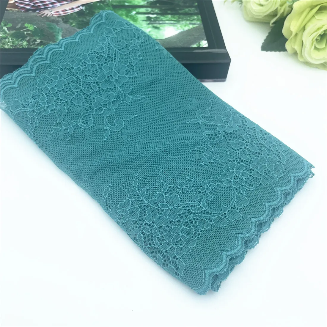 3y/lot Width 23cm Soft Teal Blue Verdigris Elastic Lace 1