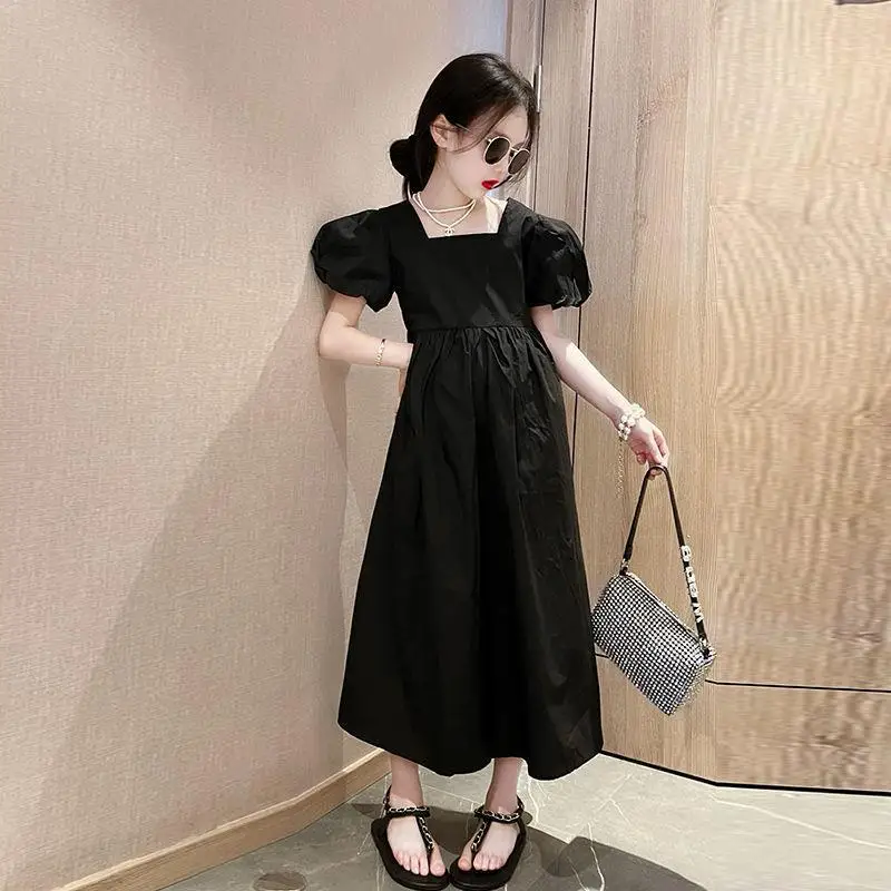 

Black Solid Girls Dress Short Sleeve Summer 2023 New Korean Version Princess Long Dress Fashion Middle and Large Children