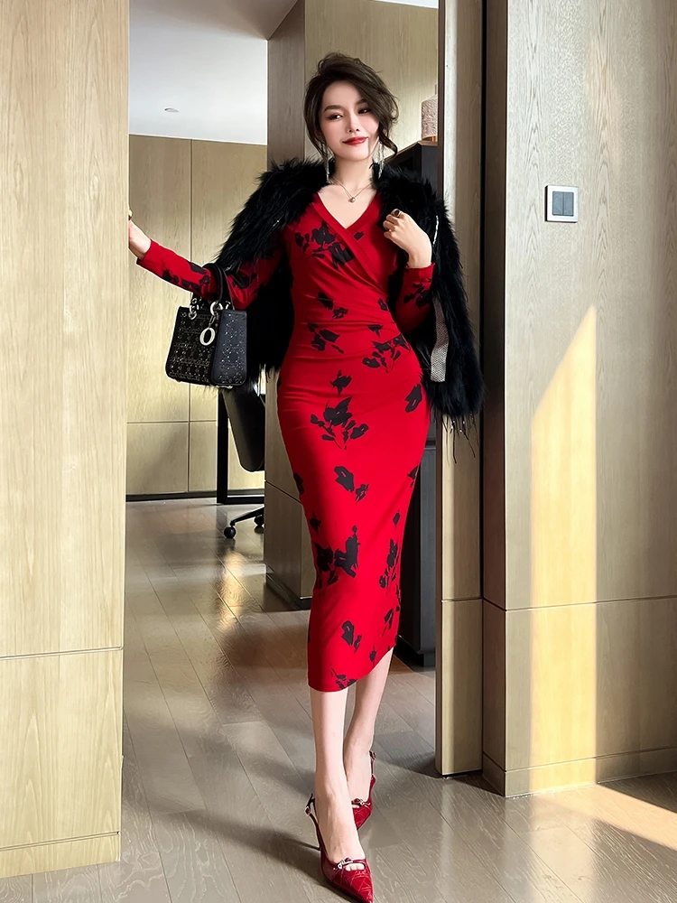 

Royal Sister Red Printed Dress for Women in Spring and Autumn Sexy High end Temperament Wrapped Hip Long Dress