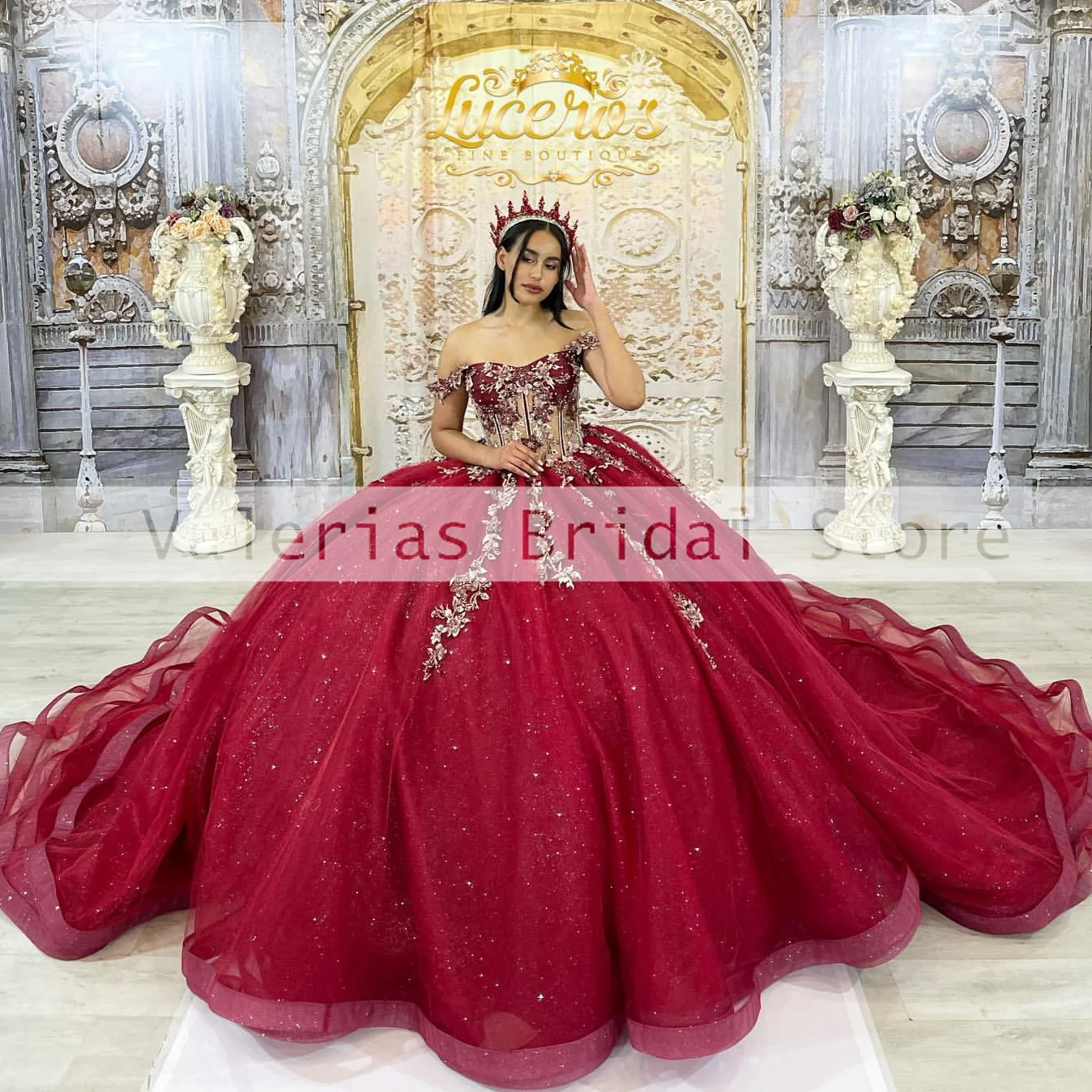 

Shiny Red Quinceanera Dress For Mexico 16 Girls Appliques Sequined Cinderella Ball Gowns Formal Evening Dress 15 Vestidos