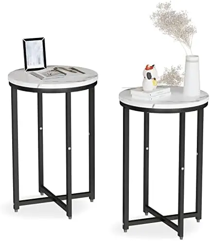 

Side Table Set of 2, Faux Marble White End Table, Modern Corner Table w/X-Based Metal Frame, Small Side Table Living Room Bedroo