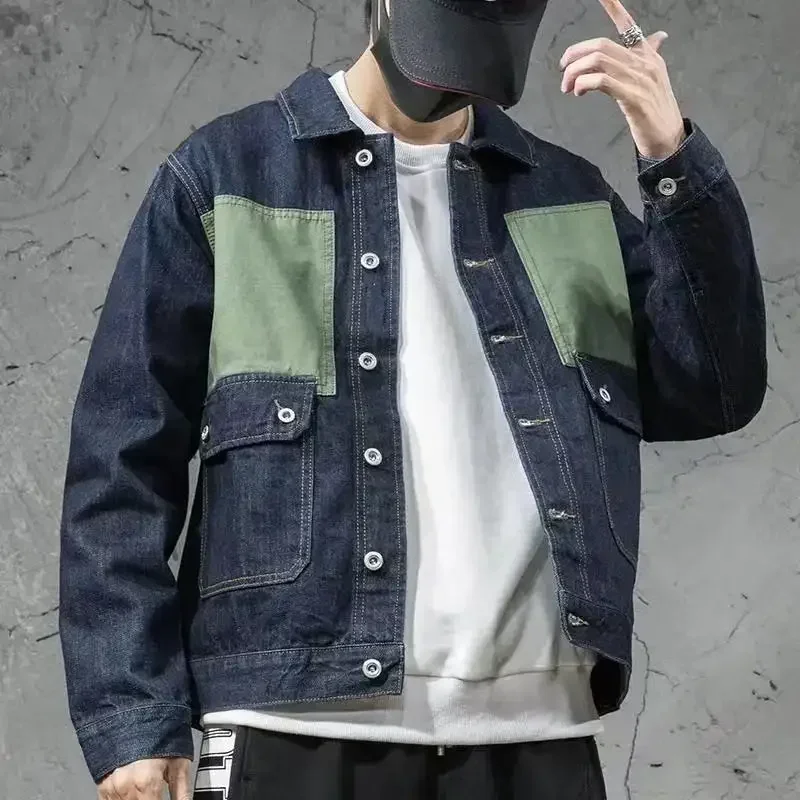 thumbnail image 1 of Chaqueta vaquera para hombre, abrigo negro con empalmes, abrigos vaqueros para hombre, mangas anchas, ropa popular coreana original, ropa masculina de tela vaquera, 1 of 5