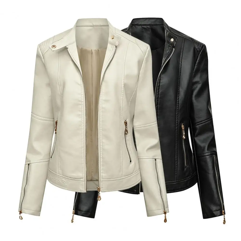 Lady Faux Leather Jacket Solis Color Buttons Decor Long Sleeve Biker Coat Windproof Slim Lady Coat For Motorcycle Riding