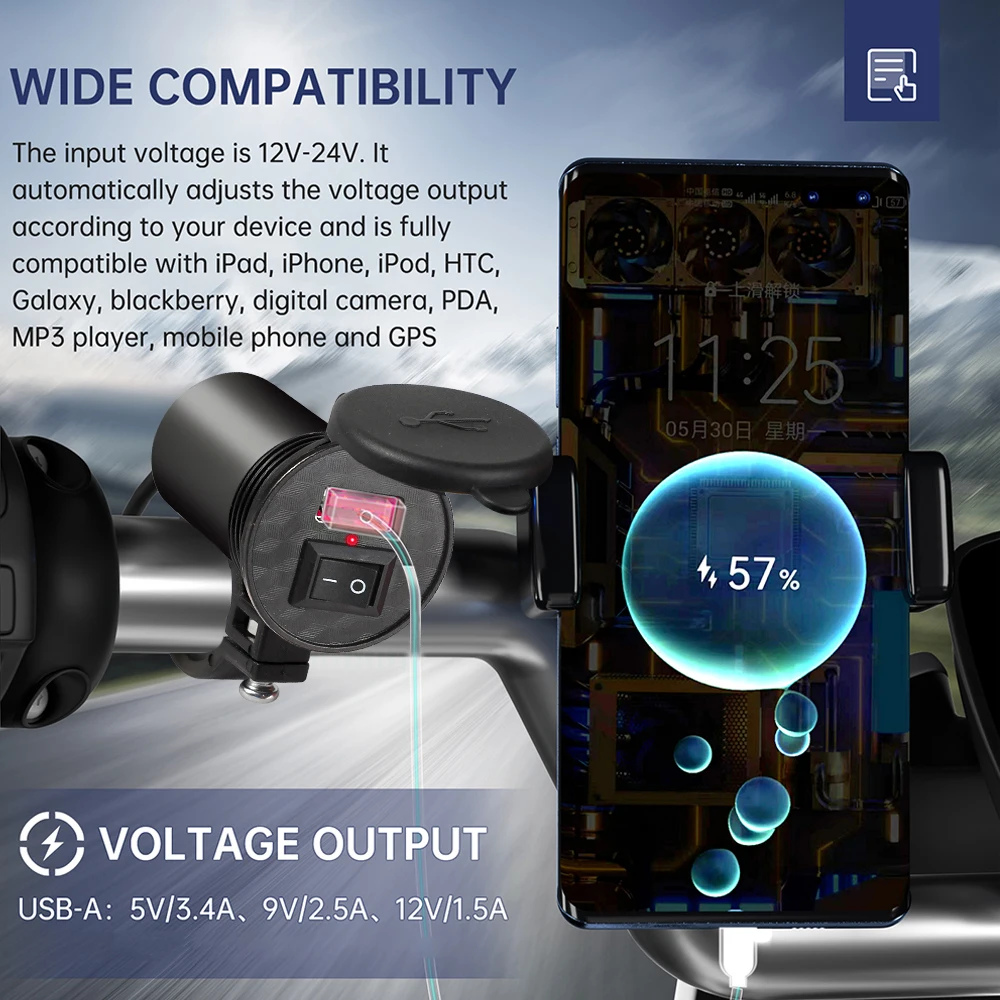 Waterproof Motorcycle Handlebar USB Charger with Power Adapter