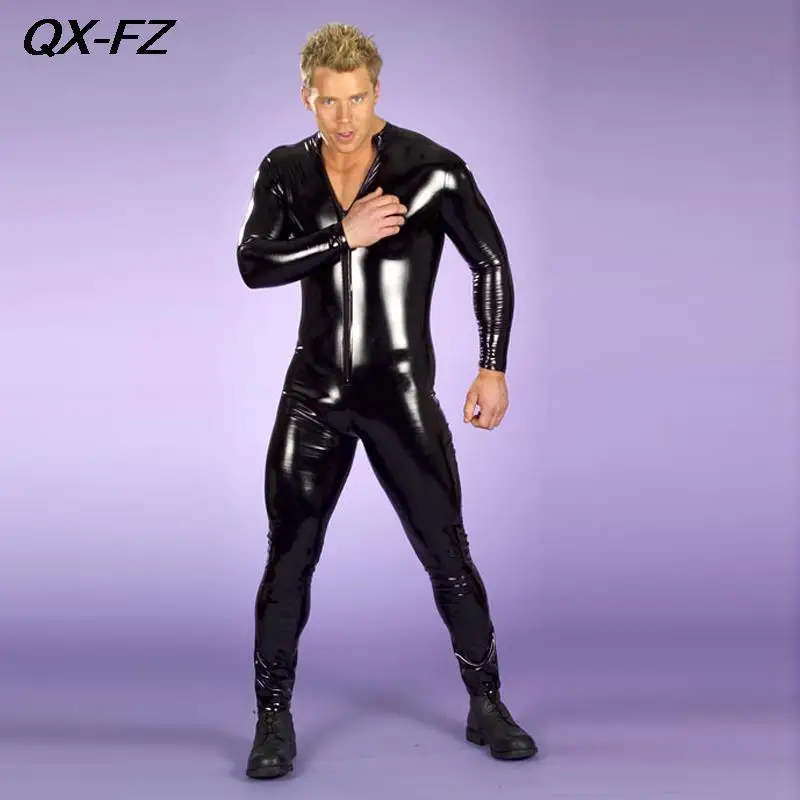 Men Underwear Plus Size S-4XL Wetlook Latex Bodysuit Front Zipper Crotch Jumpsuit Faux Leather Sexy Lingerie
