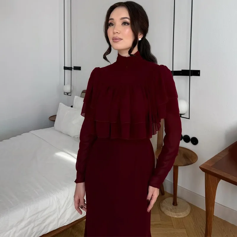 Elegantes Einfarbiges Hochzeitsgast-Bodycon-Kleid für Damen 2026 Hochgeschlossenes Langarm Slim Fit Club Mehrstufiges Rüschen-Maxikleid