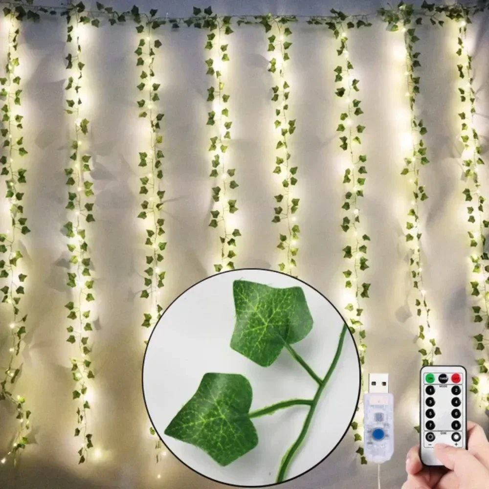 3M USB Maple Leaf Curtain Lights Ivy Artificial Green Leaf Garland Fairy Light String for Wedding Holiday Decoration