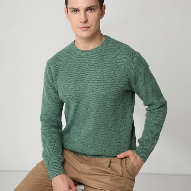 

2023 Winter Men Clothing O-neck 100% Goat Cashmere Thicker Sweater Mat Weave Pattern Knitted Male Pullovers