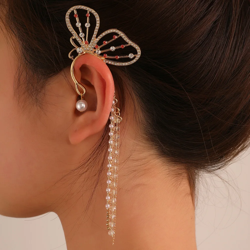 Fashion Crystal Butterfly Clip Earrings Sparkling Zircon Pearl Bead Ear Cuff Long Tassels Charm