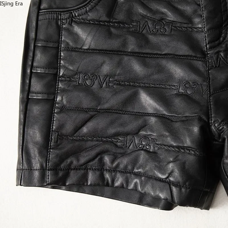 New High Waist PU Shorts Women 2023 Fashion Embroidery Slim Fit Leather Shorts