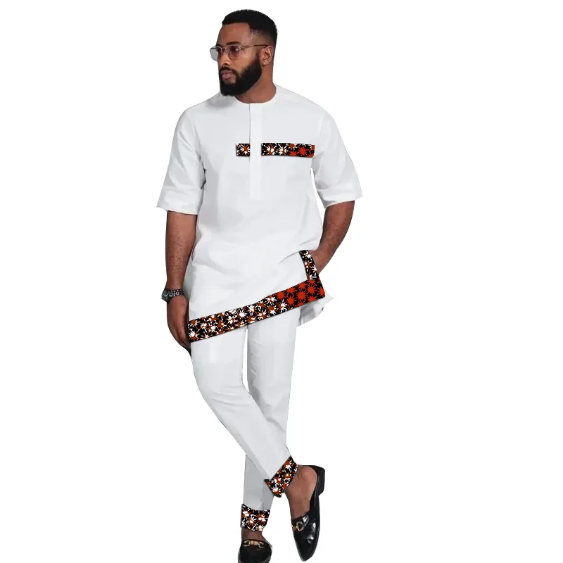 

African Fashion Half Sleeves White Men's Pant Sets Patchwork Shirts+Trousers Male Groom Suits Wedding Party Outfis