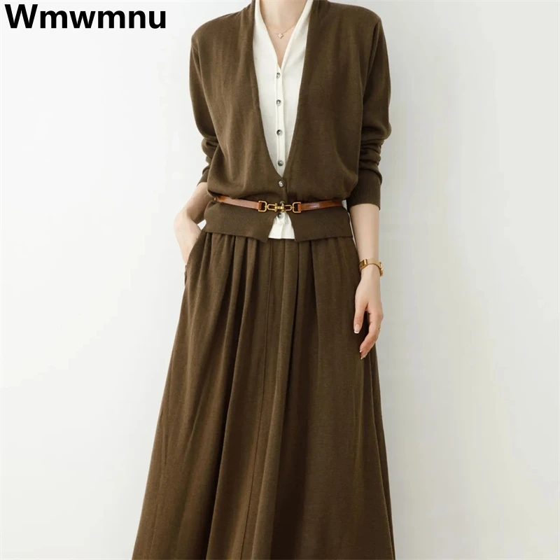 Loose High Quality Knitted Skirt 2 Piece Sets Fake 2 Piece V-neck Tops + Fall Winter Long Skirts Suits Vintage Faldas Conjuntos
