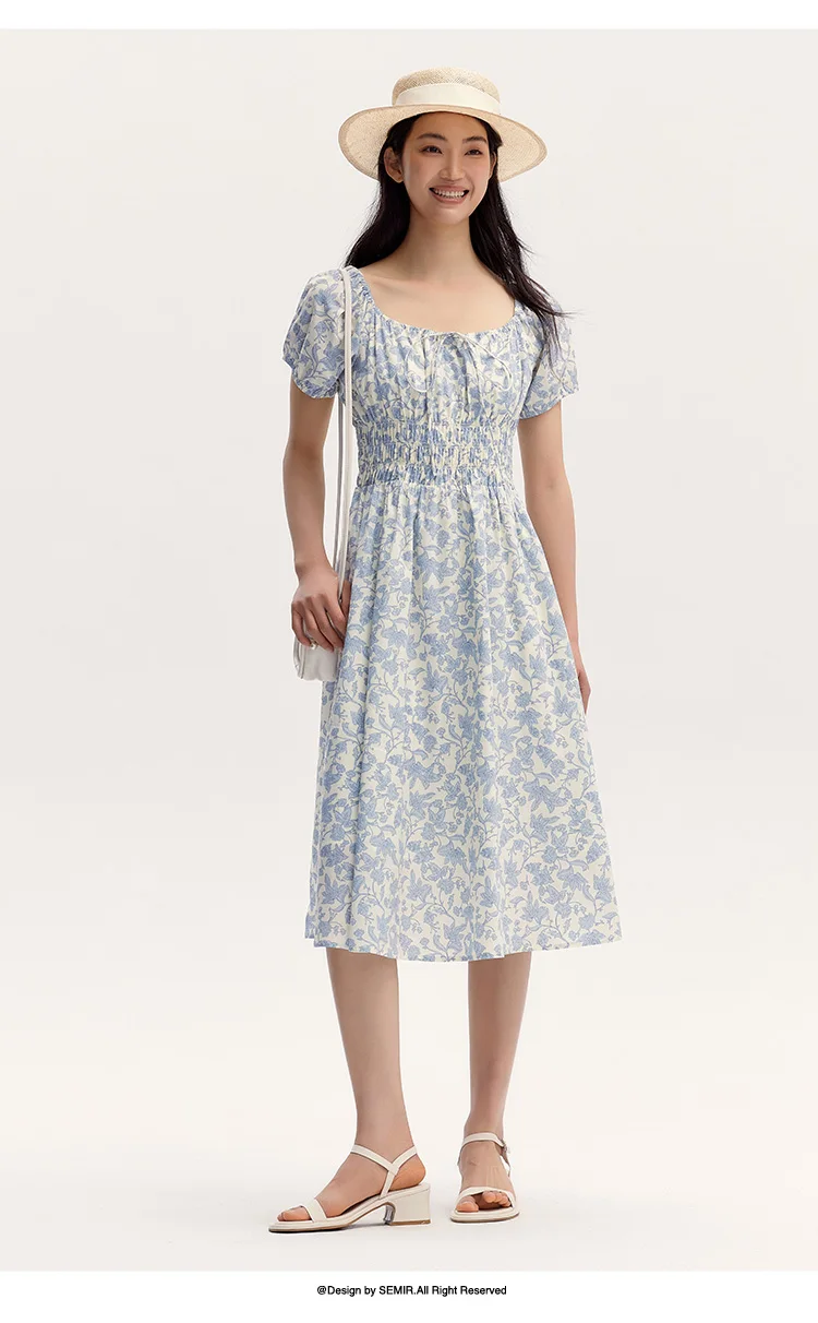 Dress Women Gentle And Elegant Summer New French-Style Square Collar Waist Cinched Mid-Length Fresh