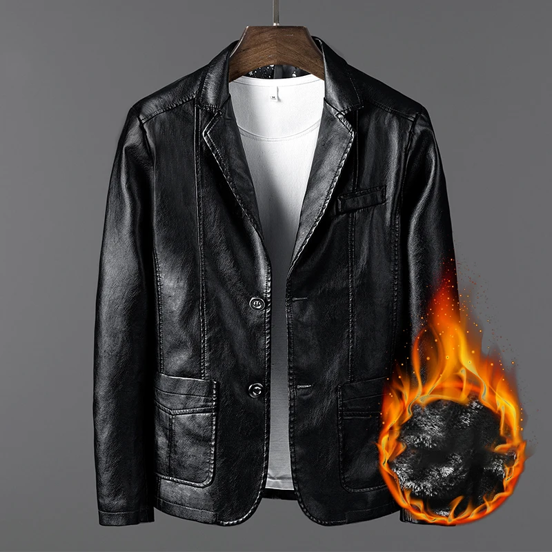 2024 New Single-Breasted Leisure Warm Padded Thickened Versatile Fashion Trend Men'S Lapel Leather Jacket