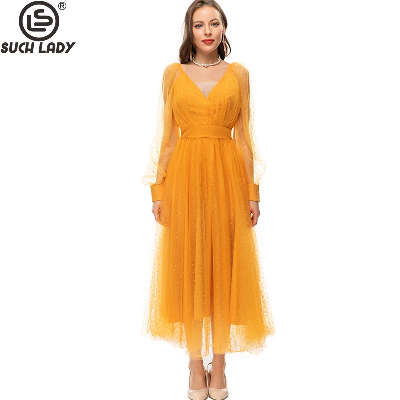 

Женское модельное платье с круглым вырезом, элегантное Сетчатое многослойное платье с рукавами-фонариками и принтом в горошек