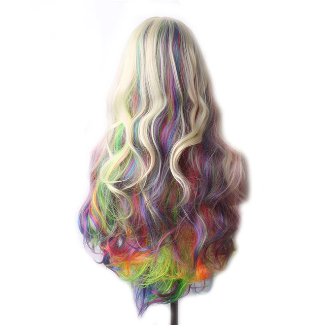 WoodFestival Wavy Synthetic Hair Wig Cosplay Ladies Colored Long Wigs For Women White Pink Red Dark Brown Green Blue Grey Ombre Same As Picture