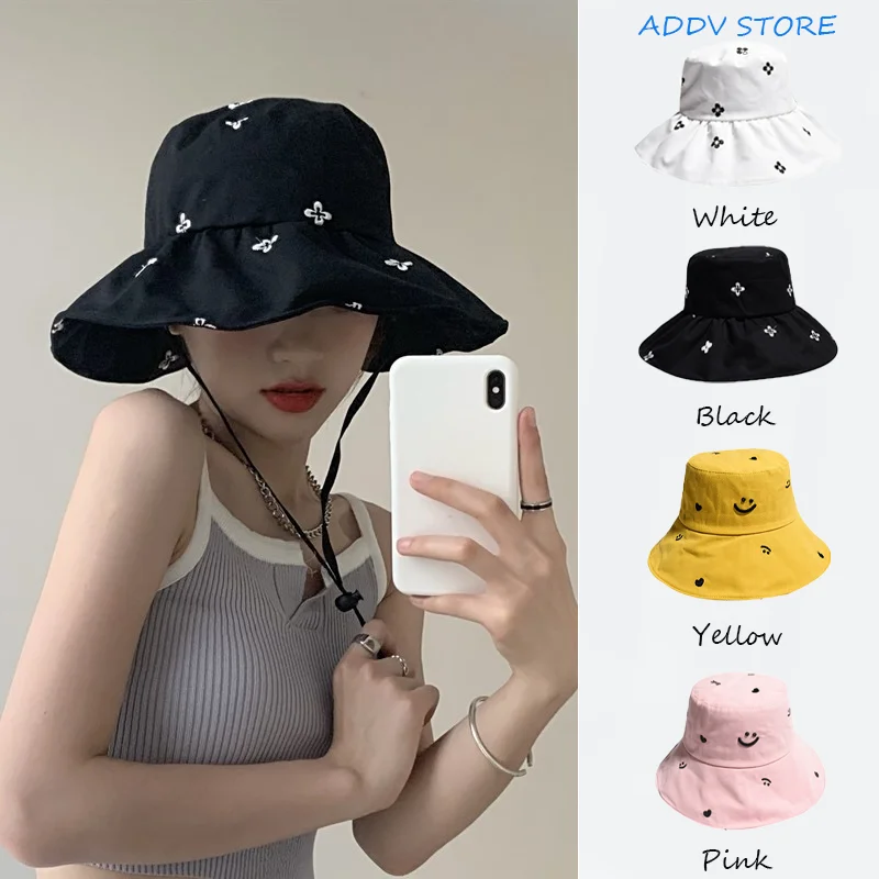 

Hat Woman Summer Big Brim Flower Embroidery Fisherman Hat Japanese Face Covering Big Brim Pot Hat Sun Protection Sun Hat