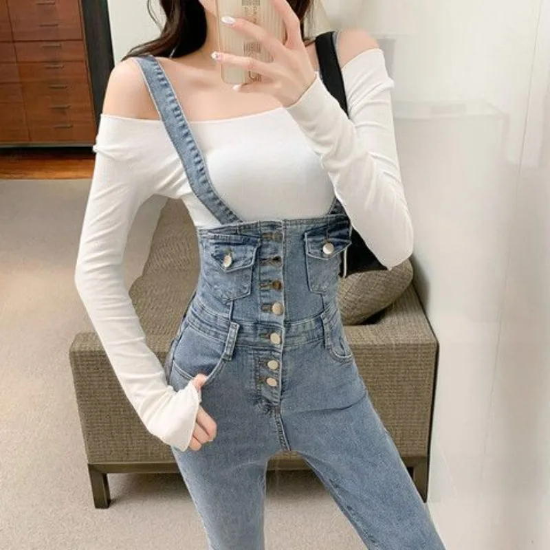 Version of High Waisted Tight Fitting Denim Camisole Pants for Women's Spring 2023 New Elastic Slim Fit Small Foot Jumpsuit xuru europe and the united states new sexy tight back pants jeans women y word wideband hand worn denim jumpsuit k16 lf008