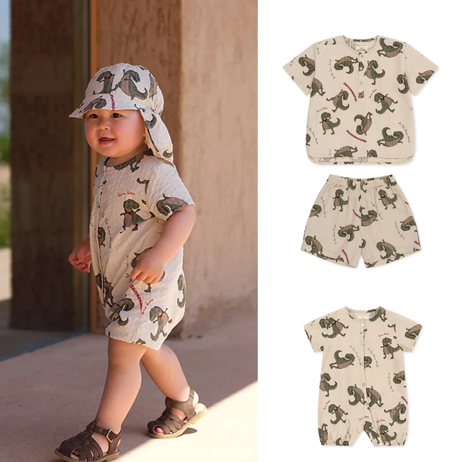 

2023 Spring Summer Baby Boy Clothes Children Dinosaur Costume Short Sleeved Cartoon T-Shirt Pants Newborn Cute Dinosaurs Romper