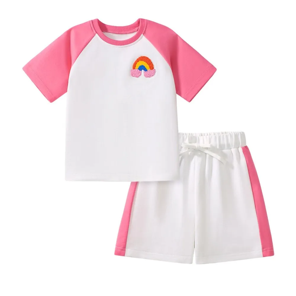 2Pcs Adorable Rainbow Embroidered Pink Sleeve Kids' T - shirt and Shorts Set