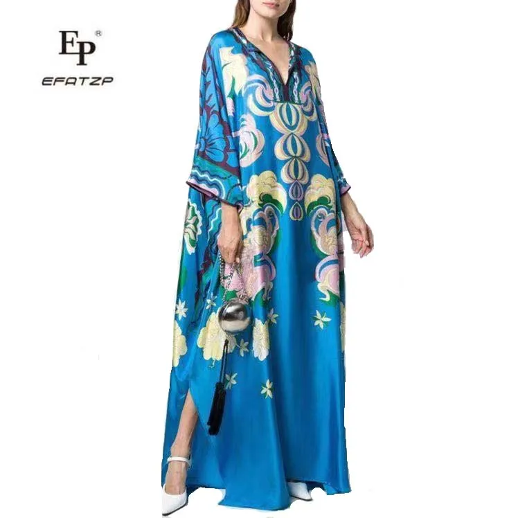 

EFATZP New Loose Kaftan Style Dresses Women's Blue Knitted Beautiful Print Elastic Silk Jersey Fashion LongDresses