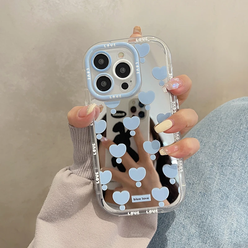 Korean Blue Love Heart Makeup Mirror Phone Case for iPhone