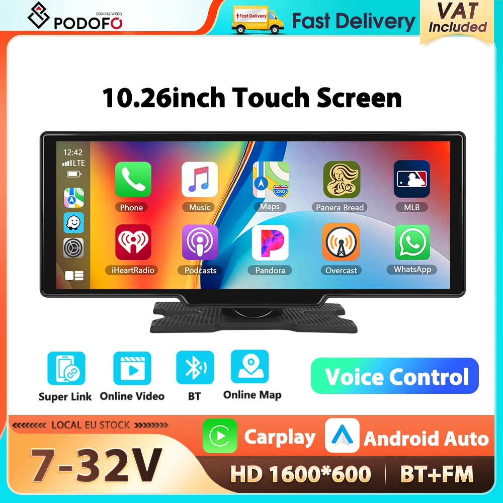 Podofo Écran de voiture 10,26'' avec Carplay, Android Auto, lecteur multimédia intelligent, AirPlay, Mirror Cast, commande vocale BT, FM, Superlink 1