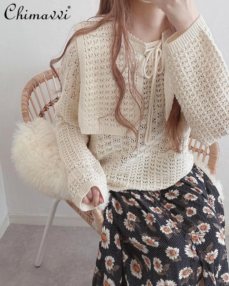 

Женский свободный пуловер, трикотажный свитер со съемным воротником, в японском стиле, осень