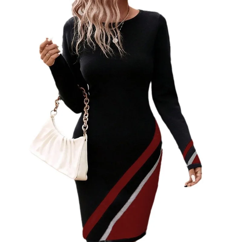 Commute Dress Women Spring Autumn New Long Sleeve Striped Print O-neck Slim Fashion Elegant Casual Commute Female A-line Dress 6