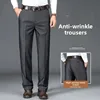 Business Casual Men's Straight Leg Thin Dress Pants Elastic Waist Mid-Year Dad Suit Trousers Lightweight Formal Trousers