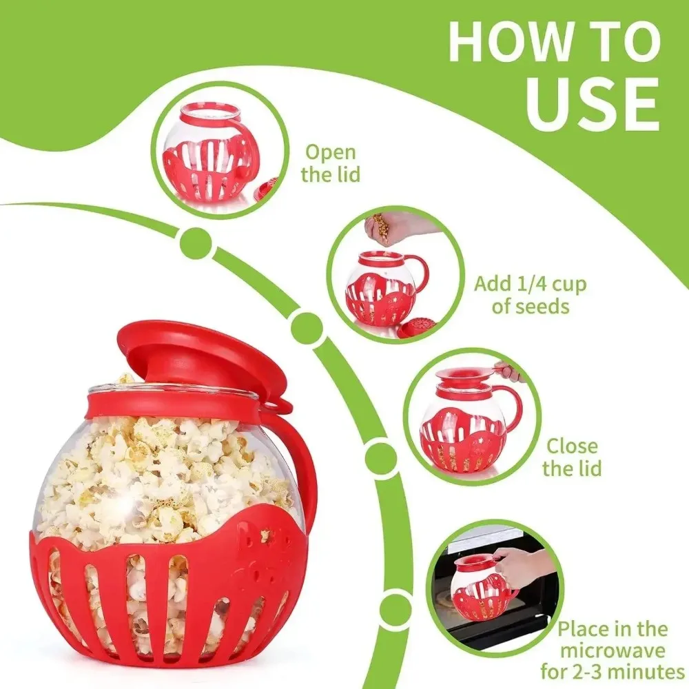 Microwave Popcorn Maker Microwave Popcorn Popper Bucket Mini Machine Safe Borosilicate Glass 3-in-1 Silicone Lid
