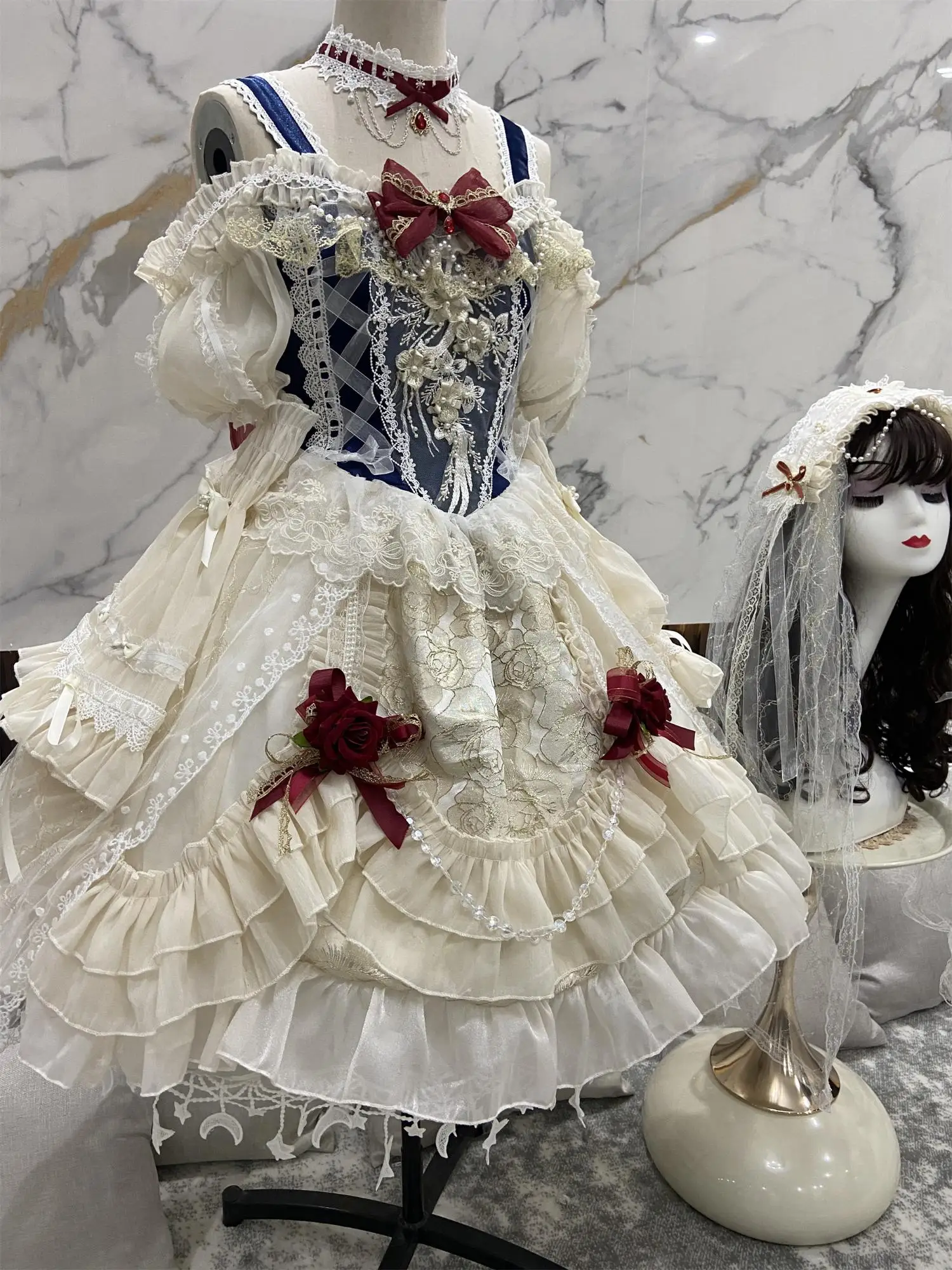 Original Lolita Dress White Snow Lady Dinner Off Shoulder Short Sleeved Floral Wedding Gorgeous Exquisite Lolita Dress