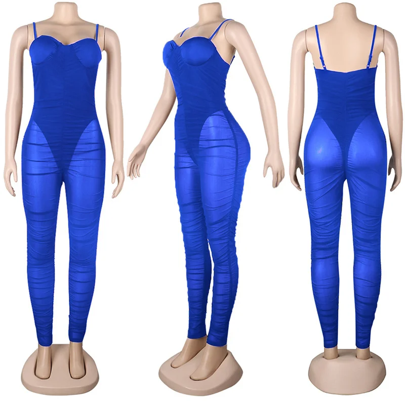thumbnail image 1 of Monos sexys con tirantes para discoteca, monos para mujer, mono elegante de malla transparente para fiesta, mono ajustado, mono de una pieza con espalda descubierta fruncida, 1 of 5