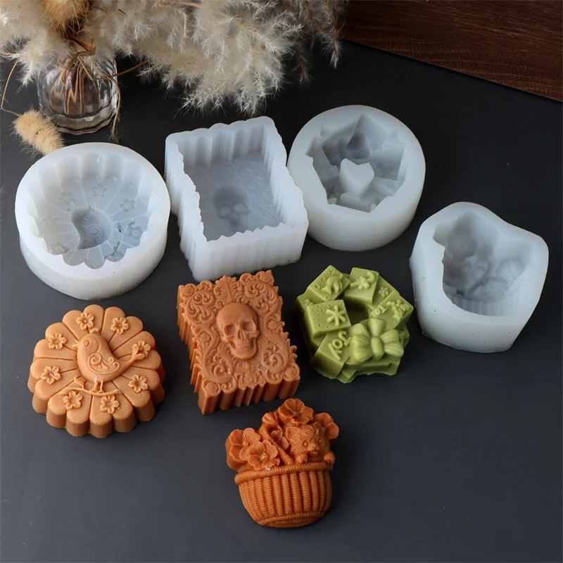 3D Flower Cat Bamboo Basket Silicone Soap Mold DIY Creative Bow Gift box Flower Bird Irregular Skull Flat Plaster Candle Mould