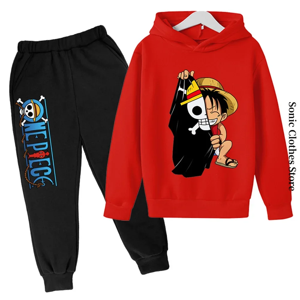 

One Piece Hoodie Sets Boys Luffy Clothing Spring Autumn Cartoon Anime Sweatshirt Suit Hoodies + Long Pants 2pcs Kids Outfits