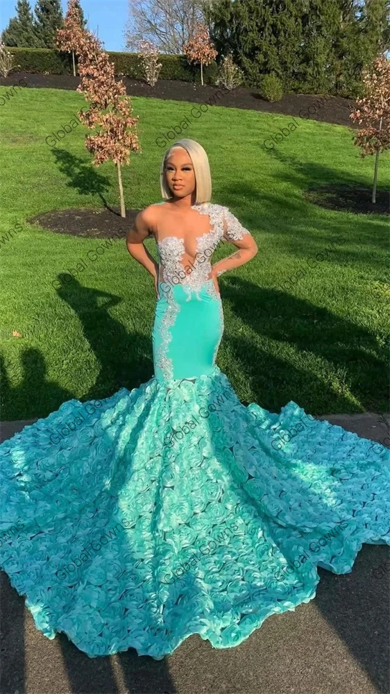 Mint Green Sheer O Neck Long Prom Dress For Black Girls Beaded Appliques Birthday Party Gowns Ruffles Evening Dresses Mermaid