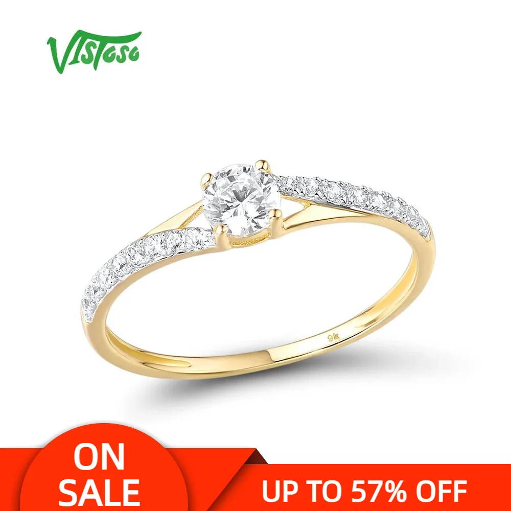 VISTOSO Gold Rings For Women Genuine 9K 375 Yellow Gold Ring Sparkling White CZ Promise Band Rings  Anniversary Fine Jewelry