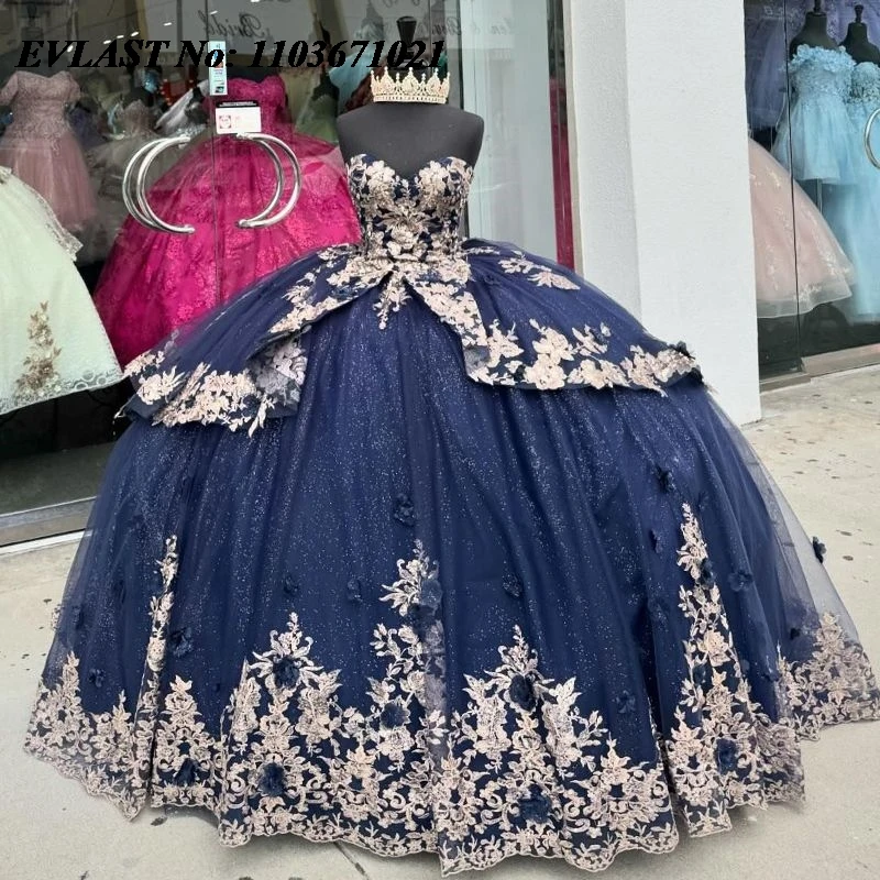 

EVLAST Princess Navy Blue Quinceanera Dress Ball Gown Gold Lace Applique Beaded Crystals Sweet 16 Vestidos De XV 15 Anos SQ84