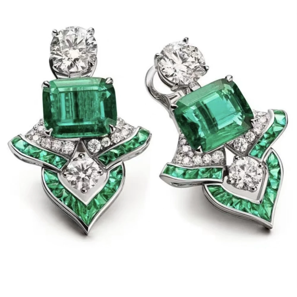 

KQDANCE Vintage 925 Sterling Silver Emerald High Carbon Diamond Gemstone Drop Clip Earrings With Green Stone Women Fine Jewelry