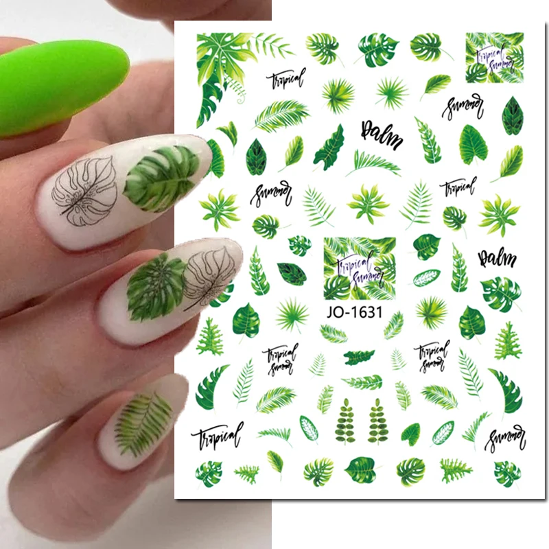 

3d Nail Art Decals Summer Tropical Green Palms Leaves Flowers Nail Stickers Sliders Decoration For Manicure