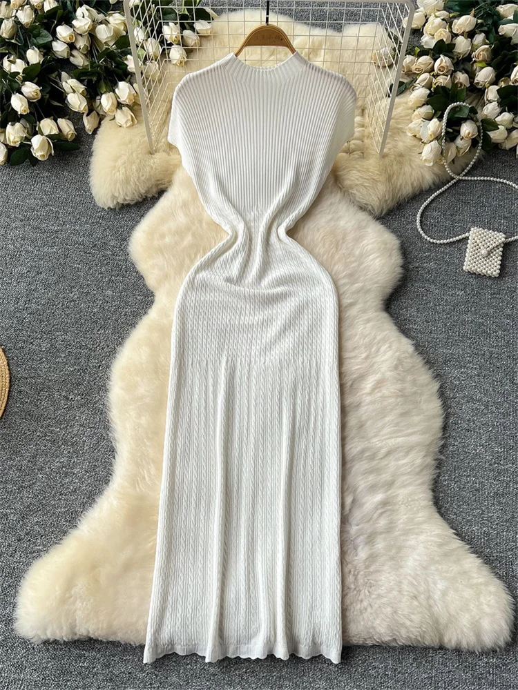 Wmstar dress women wholesale round neck short sleeved  waist cinching high elastic knitted long dress dropshopping new in summer