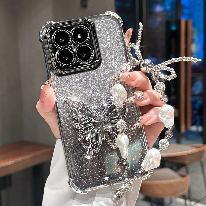 Gradient Glitter Pearls Butterfly Wrist Chain Holder Stand Shockproof Case