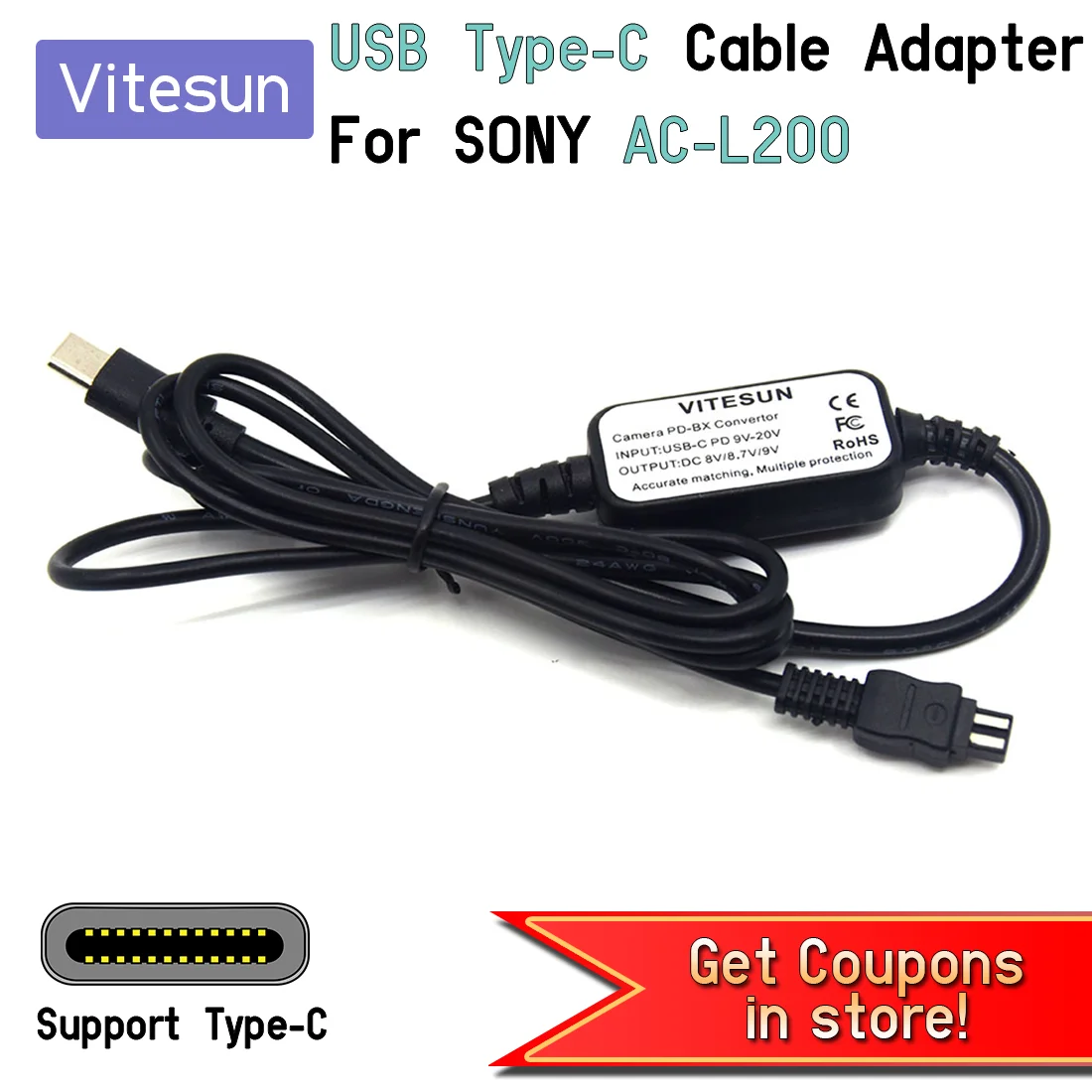 Vitesun-adaptador de Cabo de Alimentação Usb ac L200 Ac-l200 Ac-l25 Sony Dsc-hx200 Dsc Hx100 Hdr-cx105 Fdr-ax100 Fdr-axp35 Hdr-c6 Vg900