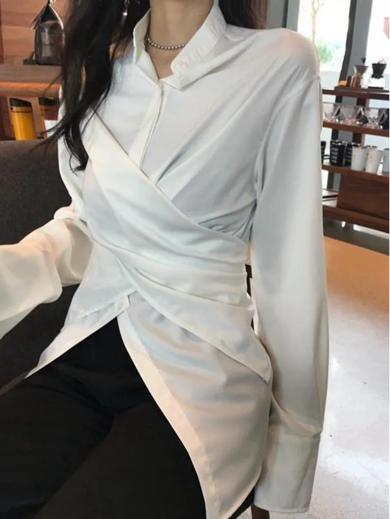 

Женская рубашка с длинным рукавом, свободная Асимметричная приталенная рубашка с длинным рукавом, модель XJTQ в Корейском стиле, 2024