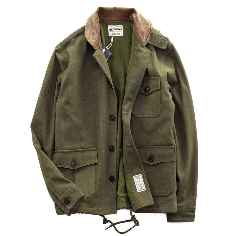 

Coat Men Amekaji Wear Clothes Thickened Fleece-lined Collar Vintage Khaki Green Military Style Multi-Pocket Workwear Jacket