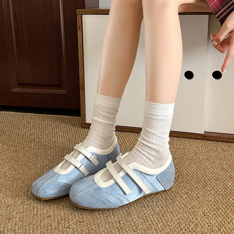 Aphixta Hook Loop Flat With Flats Shallow Elegant Women Flat Shoes Blue Suede Upper Loafers Mary Janes Shoes Casual Footwear