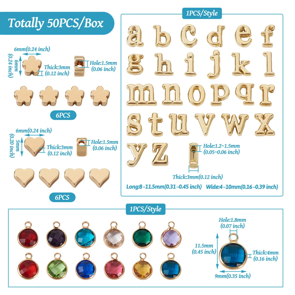 50Pcs/box Brass Flower Beads Alloy Letter A-Z Charms Beads Birthstone Glass Pendant for Bracelet Necklace DIY Jewerly Making