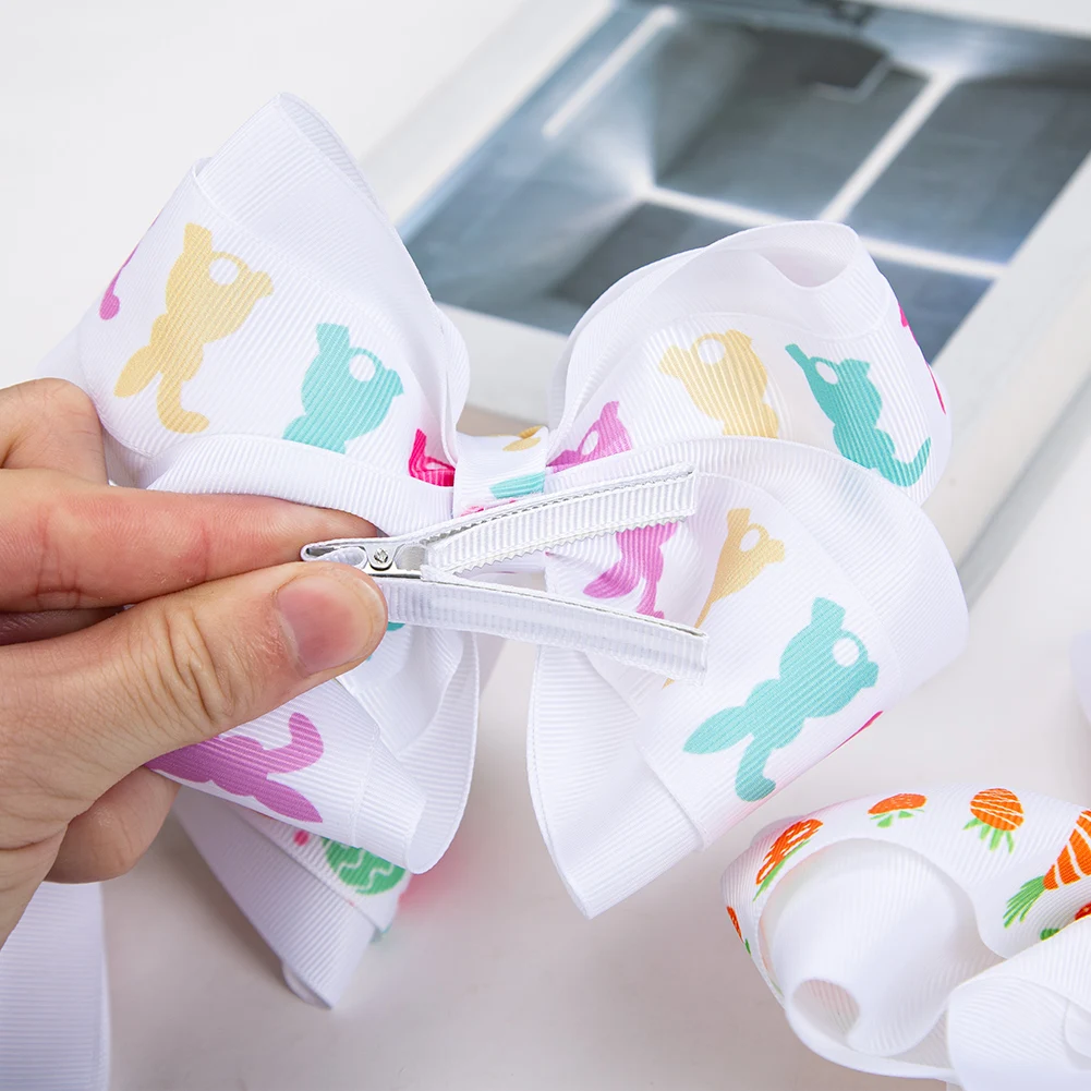 6 인치 대형 활 부활절 날 헤어 클립 귀여운 계란 토끼 Carroot 인쇄 Grosgrain 리본 Hairbows 머리핀 어린이 파티 모자를 쓰고 있죠
