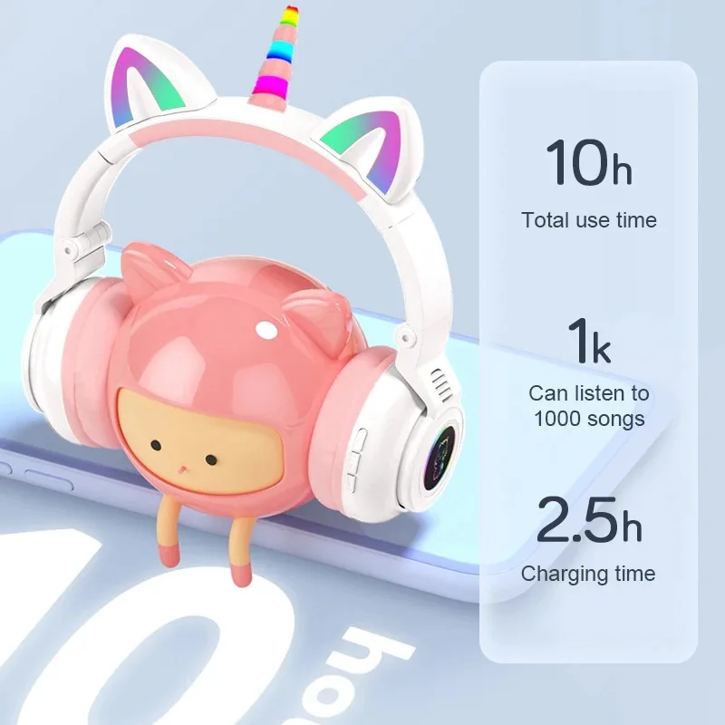 HiFi Girls Wireless Unicorn headphones with Mic phone Stereo Bass Cute Children Music Kid Cat Bluetooth Headsets Support SD Card