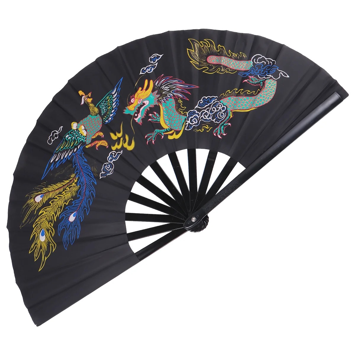 Folding Fan Handheld Fan Troditional Chinese Pattern 1Pc for Tai Chi Fitness Kung Fu Performance Black